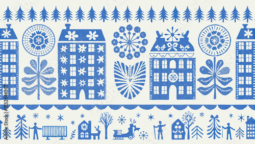 Charming winter village folk art pattern with Scandinavian design elements for festive holiday season decor