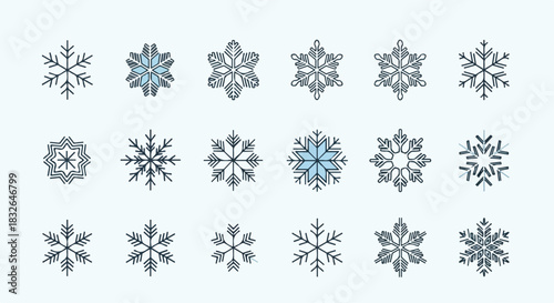 A stunning set of diverse and intricate vector snowflake designs, perfect for enhancing winter holiday projects, festive season greetings, and seasonal graphic decorations