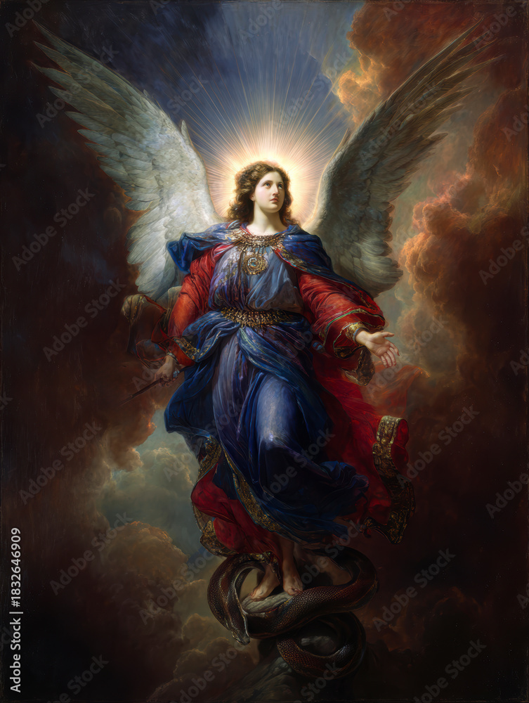 Obraz premium Majestic Angelic Warrior in Clouds – Generative AI – no real persons