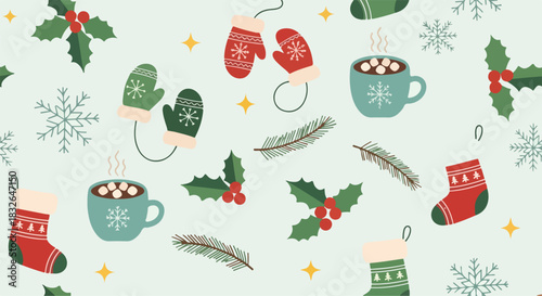 A festive Christmas seamless pattern featuring cozy winter elements like hot cocoa, mittens, stockings, and holly on a light background