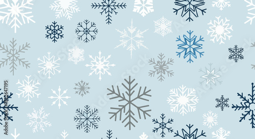 Seamless festive winter pattern with a beautiful arrangement of detailed snowflakes in various sizes and cool colors, ideal for holiday backgrounds and seasonal designs