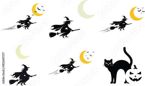 Witch, cat, bat, moon