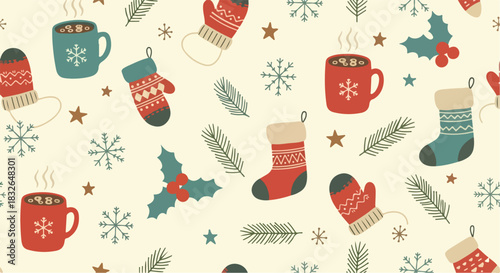Christmas holiday seamless pattern. Festive winter background with cozy mugs, mittens, stockings, snowflakes, pine, and holly. Ideal for seasonal designs and prints