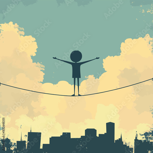 A stick figure balancing on a tightrope high above the city