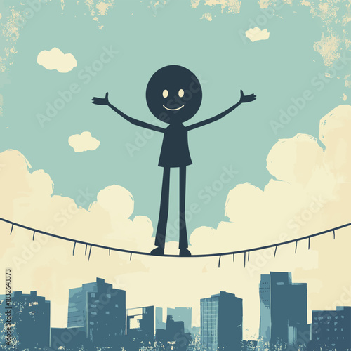 A stick figure balancing on a tightrope high above the city