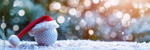 Holiday golf ball with santa hat in snowy christmas scene for holiday decor. Horizontal banner. Copy space. White golf ball decorated with santa hat, blurred background. For golf club, sports store