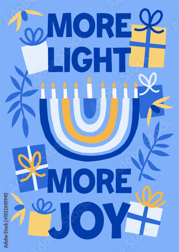 Modern Hanukkah vector card print. Cute jewish holidays illustrations of menorah, olives, festive gifts