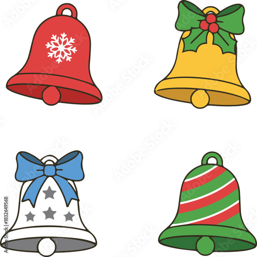 A set of four individual cartoon Christmas bells, each with a distinct festive design including snowflakes, holly, stars, and stripes, adorned with bows in various colors.