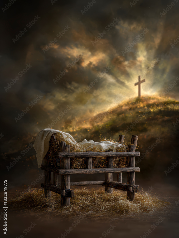 Naklejka premium Empty Manger with Cross on the Hill – AI Generative