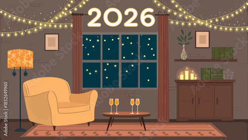 Cozy living room decorated for new year 2026 with armchair and drinks on a table near window