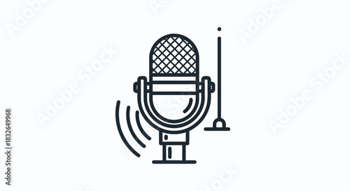 Stylized Illustration of a Vintage Microphone with a Windshield and Vibrations Represented in a