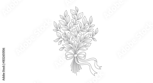 Elegant line art depiction of a delicate bouquet of leafy branches tied with a ribbon for