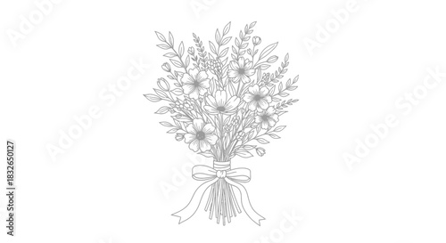 Elegant Hand-Drawn Floral Bouquet Illustration Featuring Wildflowers and Foliage