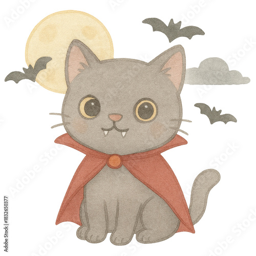 Cute Gray Cat with Cape, Moon and Bats in Spooky Night Scene