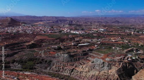 Drone flying over the Tabernas town and desert, Almeria, Spain