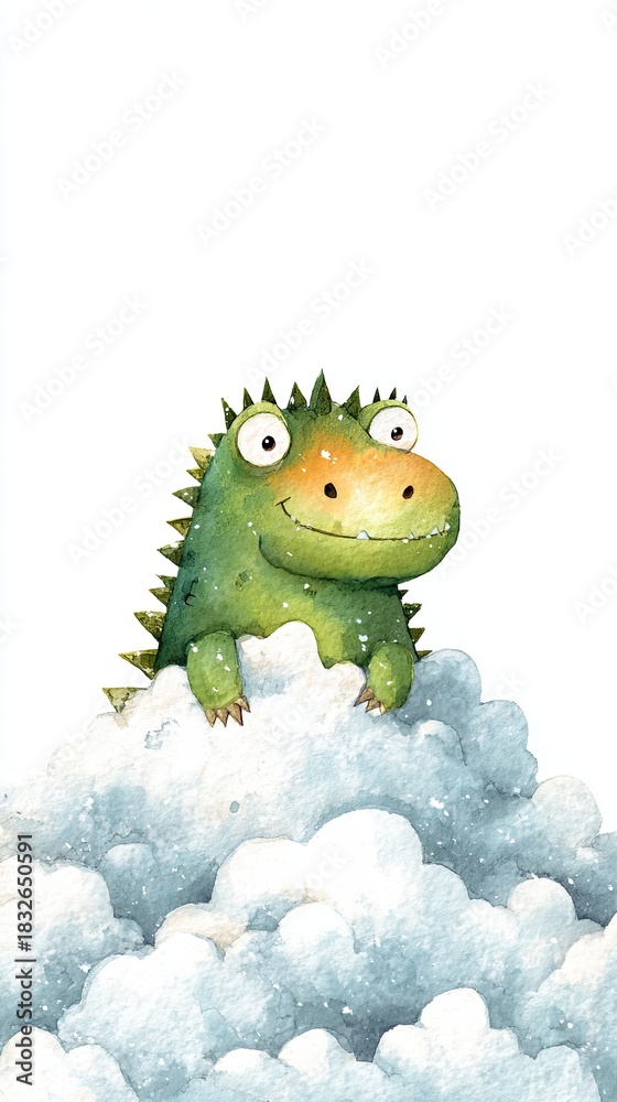 Fototapeta premium A cheerful green dinosaur character peeks out from fluffy clouds, exuding a playful and whimsical vibe.