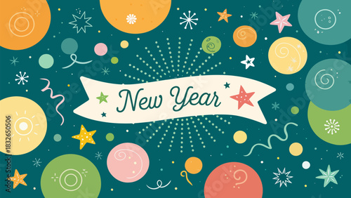 Festive new year celebration background with banner, stars, circles and confetti design elements vector