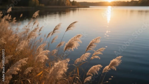 Reeds by an autumn lake face the sunset, with warm golden glow spreading over the water, conveying the quiet and gentle atmosphere of autumn's natural scenery.