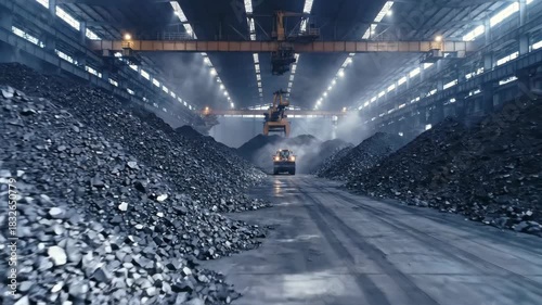 Vast indoor industrial facility storing immense towering stacks of raw coal material under bright overhead lighting with a large excavator moving within the cavernous space