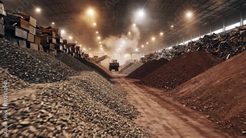 Vast industrial warehouse filled with large organized piles of raw materials like gravel and dirt with machinery in the distance