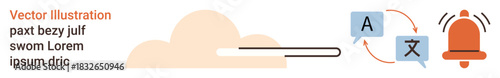 Language learning, translation services, notification systems, global communication, cloud solutions, and alerts. Cloud graphic with language conversion and notification icons. Translation services
