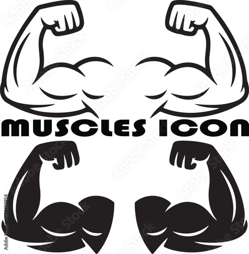 Two sets of flexing arm muscles icons isolated on white background