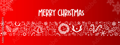 A festive horizontal Christmas vector banner featuring white line-art illustrations including bells, stockings, holly, snowflakes, gifts, reindeer antlers, wreaths, trees, and more.
