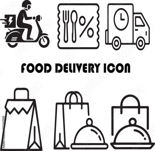 Food delivery icons set isolated on white background