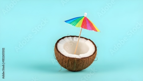 Wallpaper Mural Fresh coconut drink with colorful umbrella on a bright blue background Torontodigital.ca