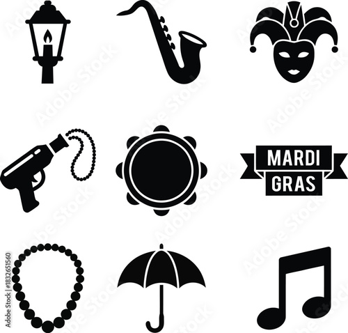 Mardi Gras celebration elements in silhouette illustration festive parade theme