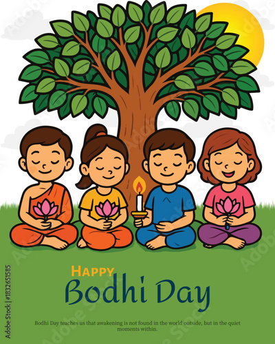 Happy Bodhi Day Illustration with Children Meditating under Bodhi Tree