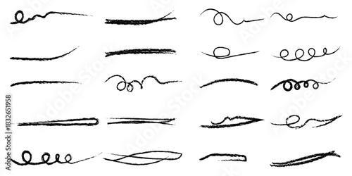 Crayon Line Stroke Vector Set. Chalk Scribble Underline Shapes Collection. Blackboard Hand Drawn Brush Texture Highlight Squiggle. Pencil Emphasis Elements Charcoal Doodle Dividers Bundle. 