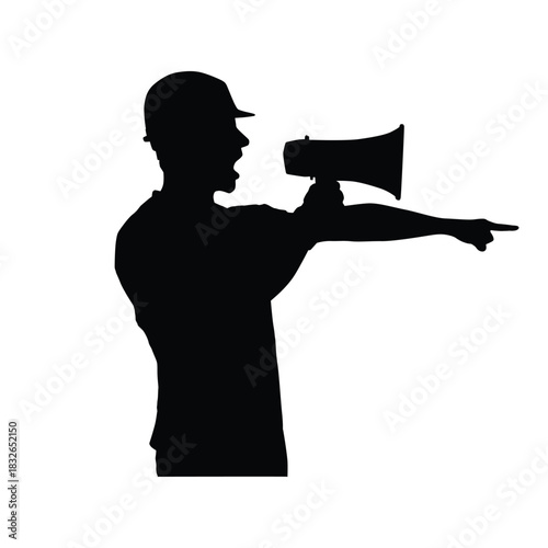 Man Silhouette Yelling Through a Megaphone and Pointing. Concept of Protest, Marketing, Direction, Public Speaking, and Authority.