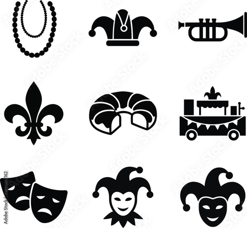 Mardi Gras Celebration Icons Festive Collection Black and White Design vector