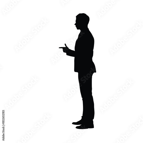 Businessman Silhouette Pointing Finger Sideways. Concept of Instruction, Giving Direction, Decision Making, and Introduction.