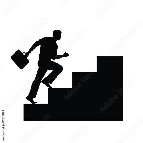 Motivated Businessman Silhouette Running Up a Flight of Stairs with a Briefcase. Concept of Career Growth, Ambition, and Success Ladder.