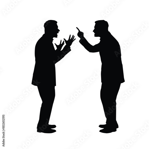 Two Businessman Silhouettes Arguing or Disagreeing in a Heated Debate. Concept of Conflict, Authority, Leadership, and Communication Problem.