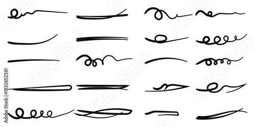 Squiggle brush scribble underline. Marker pen emphasis highlight swoosh stroke. Vector swoosh brush underline set for accent, marker emphasis squiggle element. hand drawn squiggle, grunge lines. 