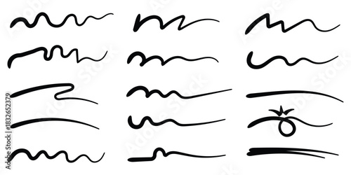 Squiggle brush scribble underline. Marker pen emphasis highlight swoosh stroke. Vector swoosh brush underline set for accent, marker emphasis squiggle element. hand drawn squiggle, grunge lines. 