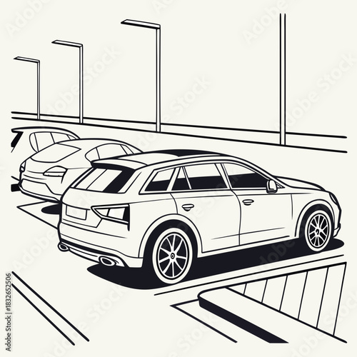 “Outline-style vehicles lined up in a parking area.”