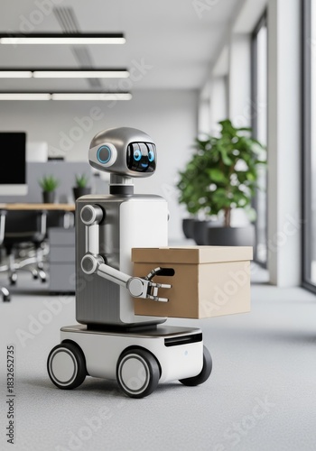 Small rolling office robot in a corporate office with a robot carrying cardboard boxes for business package delivery and freight shipping service