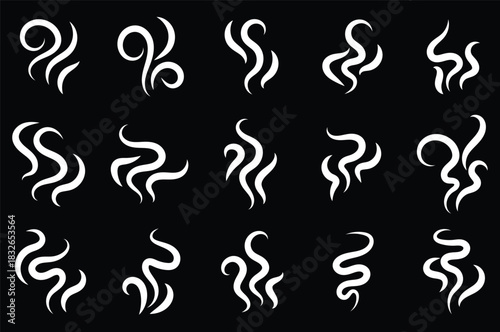 Doodle smoke icons set. Water steam symbols. Hand drawn hot vapors. Line air smell symbols. Doodle fire smoke icons. Vector illustration isolated on white background