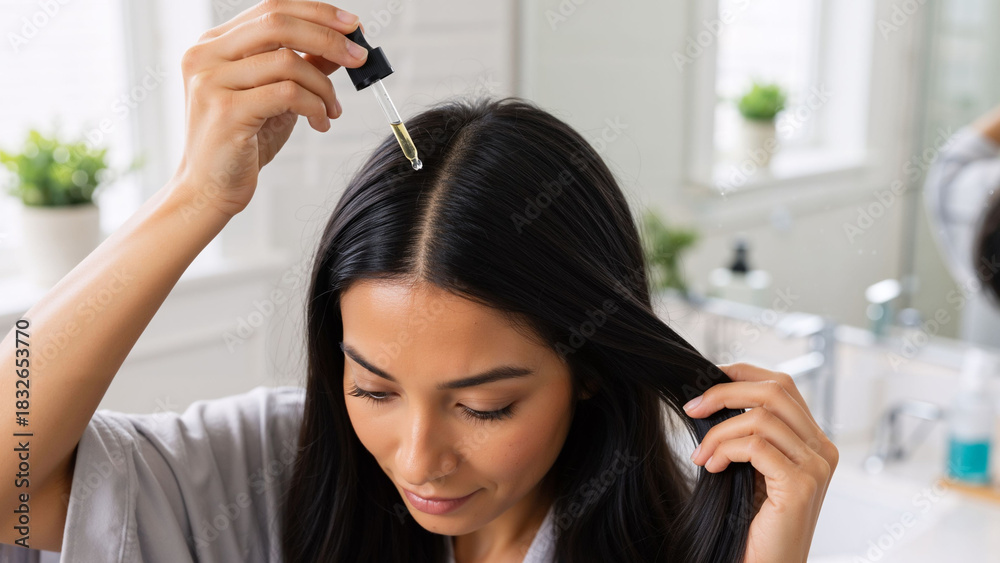 Naklejka premium Woman applying hair serum with a dropper to her scalp. Hair loss treatment and hair care routine concept for beauty advertisement.