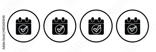 Minimal calendar icon set with check mark symbol in various styles, suitable for scheduling, planning, reminders and more, vector illustration