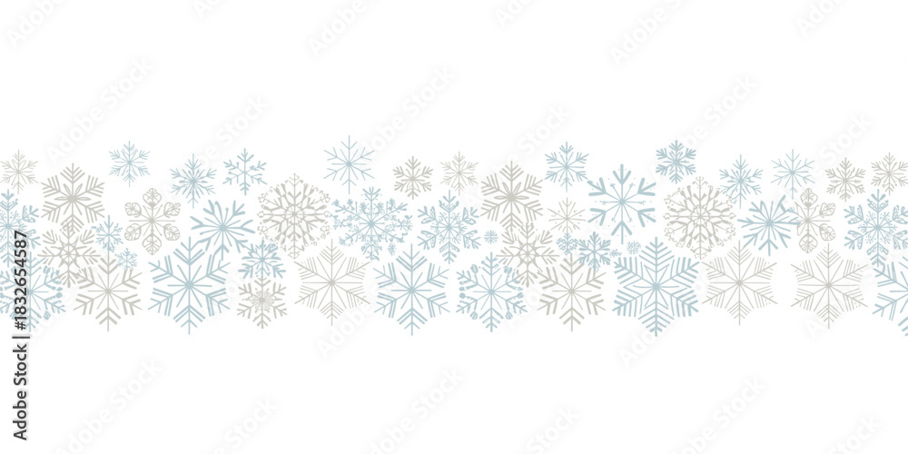Fototapeta premium Elegant seamless horizontal border of delicate vector snowflakes in soft icy-blue and gray tones with thin lines and subtle fading on a transparent background