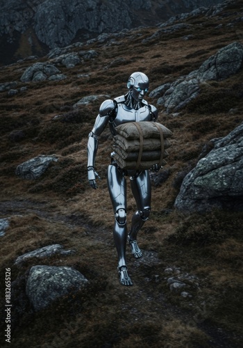 Military robot carrying heavy gear  on the rocks by the robot object, man on the road, under the sky