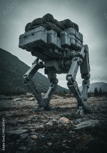 Military robot carrying heavy gear through rugged terrain