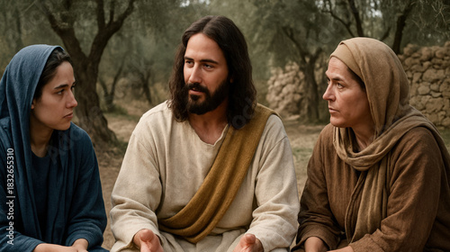 Jesus Christ in conversation with two women in a biblical setting. A realistic depiction of a gospel story with female disciples. Christian faith and teaching concept