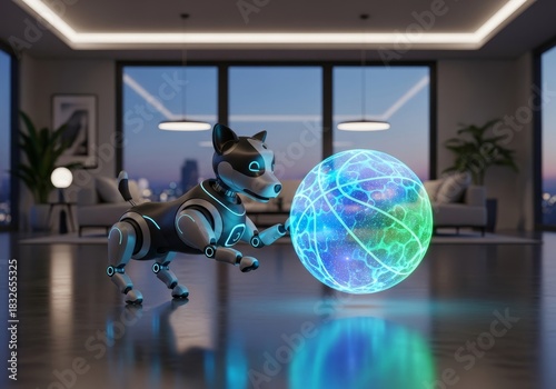 Wide angle photo of Robot pet dog interacting with glowing hologram ball, in a room, a global business concept of technology and communication