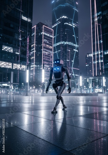 Success concept: Security robot patrolling looking toward the future city skyline from a modern office building